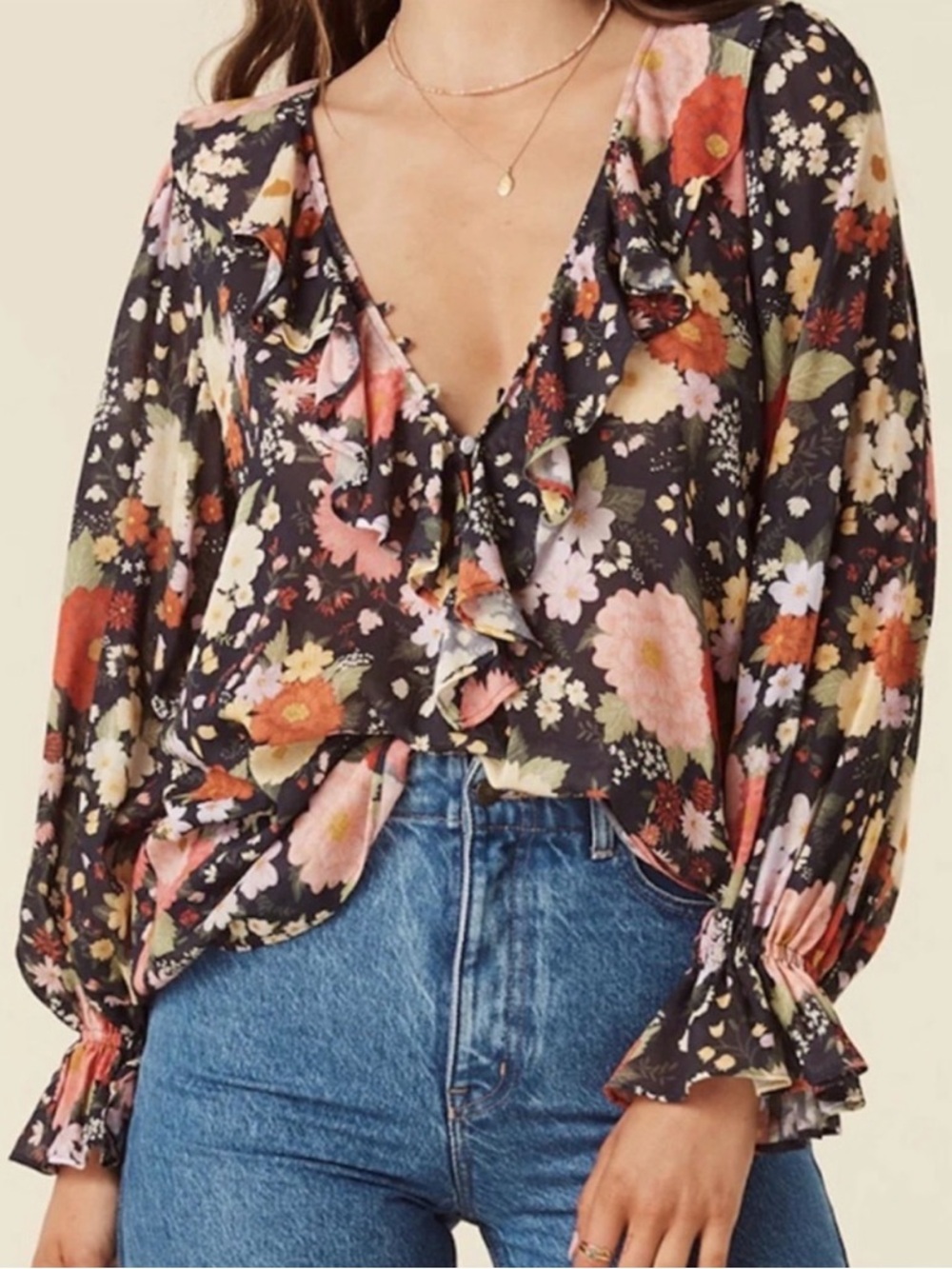 Spell Sangria Black Floral Ruffle V-Neck Blouse